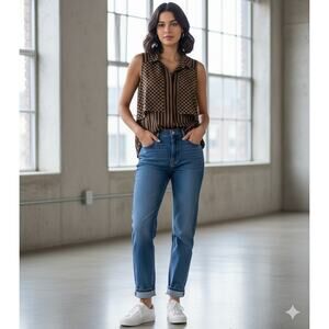 Vtg Australian boho Vest -top size 8 copper brown & navy blue Geometric Artsy